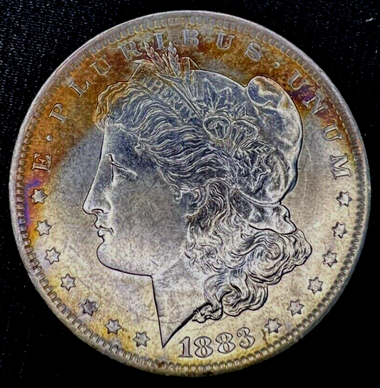 1883-O Morgan Silver Dollar MS $1 Coin, Blue/Gold Steel Toning Obverse DIE CRACK