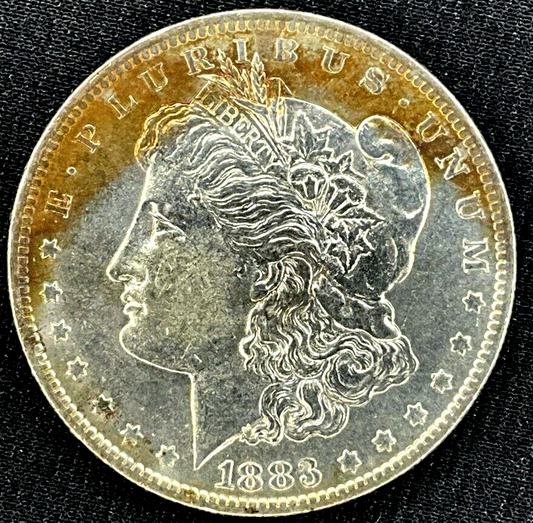 1883-O Morgan Silver Dollar MS $1 Coin, Blue/Gold Steel Toning Obverse DIE CRACK