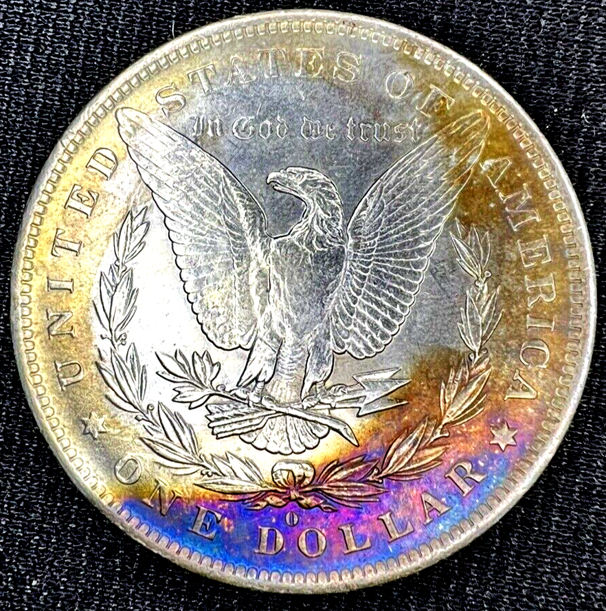 1883-O Morgan Silver Dollar MS $1 Coin, Blue/Gold Steel Toning Obverse DIE CRACK