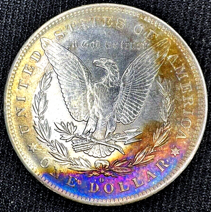 1883-O Morgan Silver Dollar MS $1 Coin, Blue/Gold Steel Toning Obverse DIE CRACK