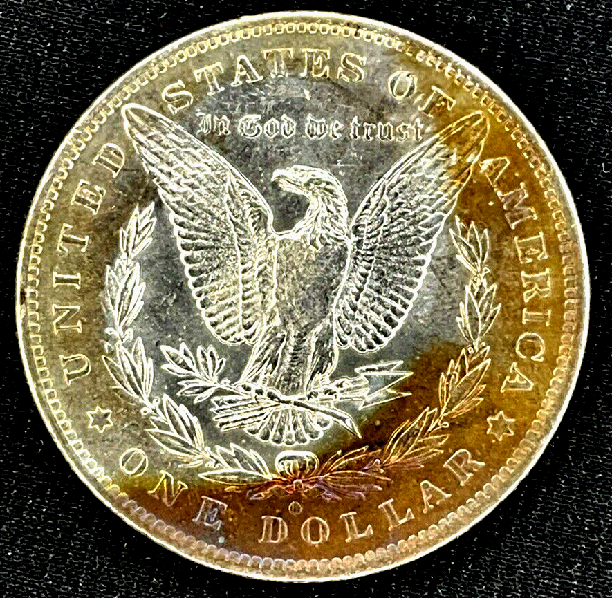 1883-O Morgan Silver Dollar MS $1 Coin, Blue/Gold Steel Toning Obverse DIE CRACK