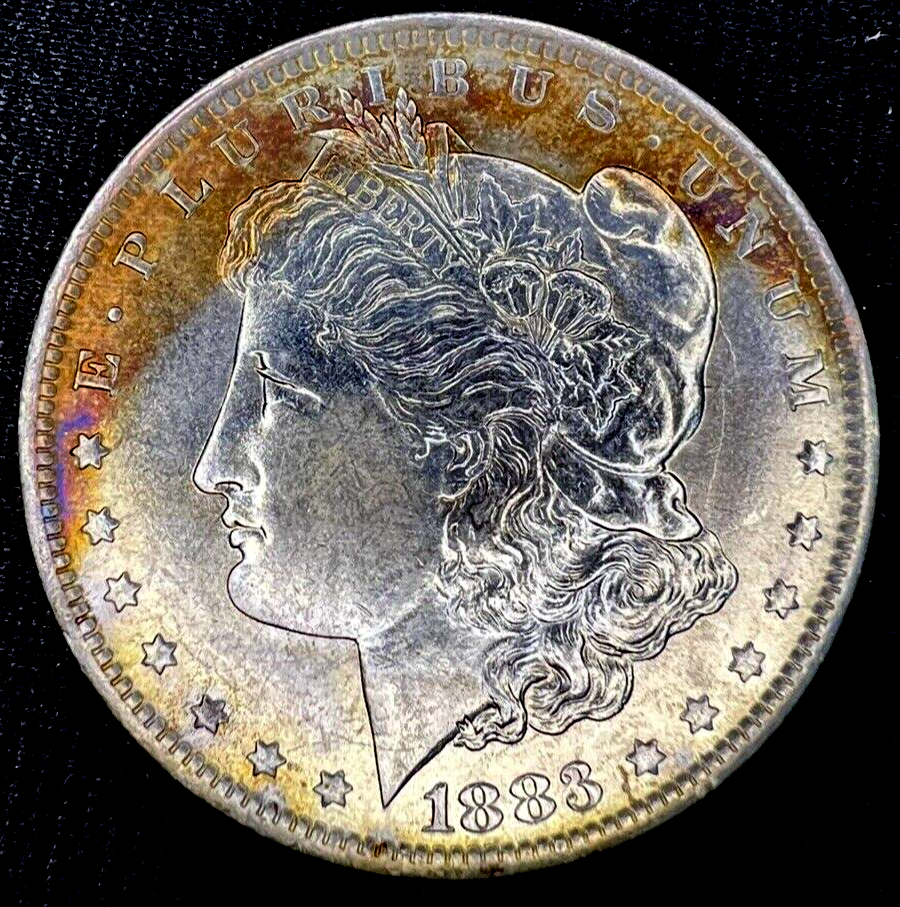 1883-O Morgan Silver Dollar MS $1 Coin, Blue/Gold Steel Toning Obverse DIE CRACK