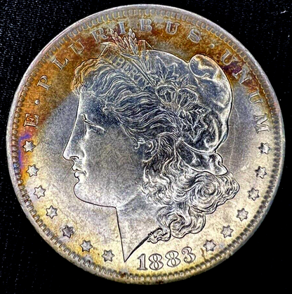 1883-O Morgan Silver Dollar MS $1 Coin, Blue/Gold Steel Toning Obverse DIE CRACK