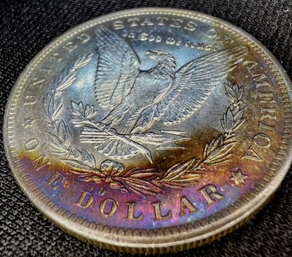 1883-O Morgan Silver Dollar MS $1 Coin, Blue/Gold Steel Toning Obverse DIE CRACK