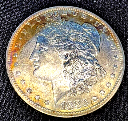 1883-O Morgan Silver Dollar MS $1 Coin, Blue/Gold Steel Toning Obverse DIE CRACK