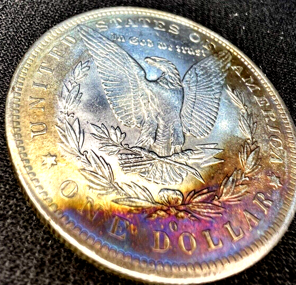 1883-O Morgan Silver Dollar MS $1 Coin, Blue/Gold Steel Toning Obverse DIE CRACK