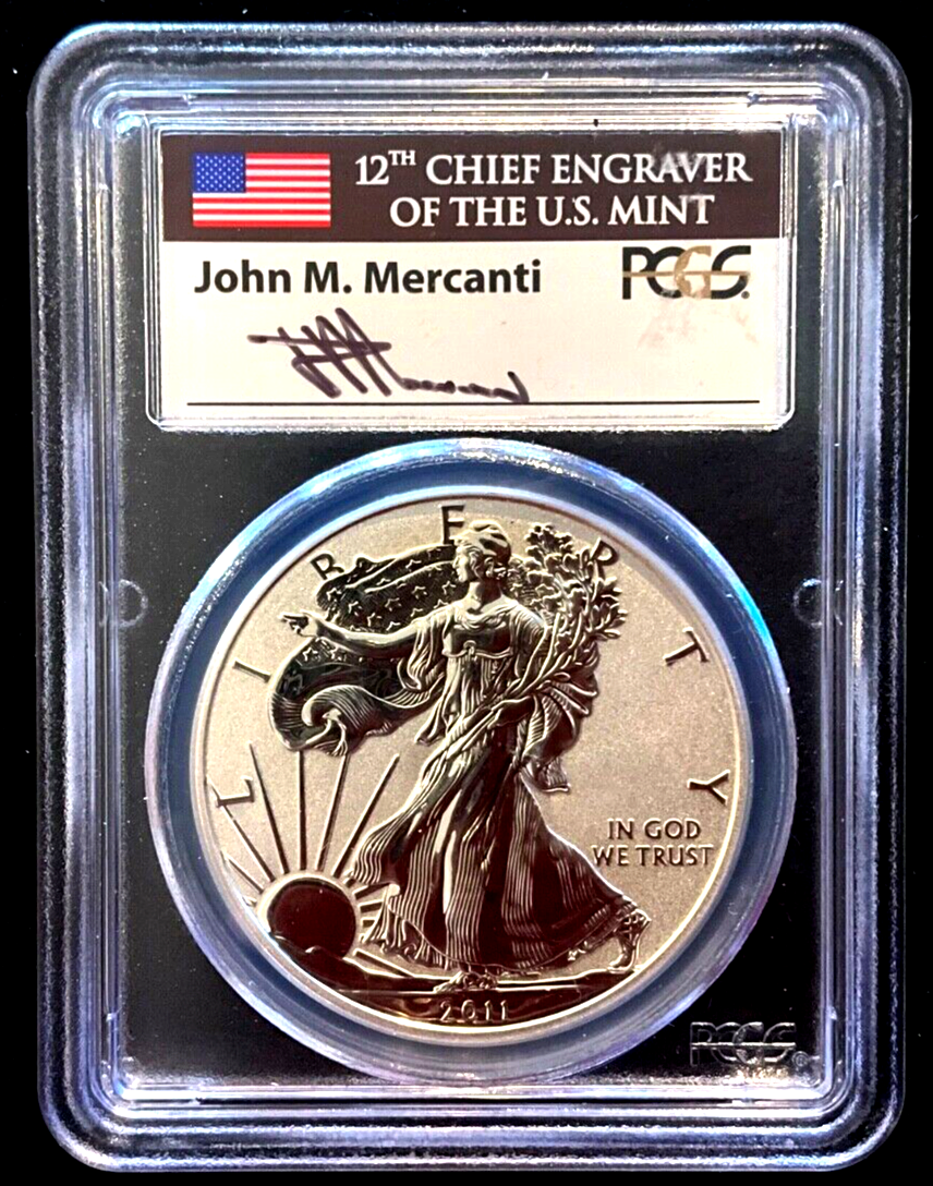 ✅ 2011-P Reverse Proof Silver Eagle PCGS PR70 JOHN MERCANTI Autographed Label $1