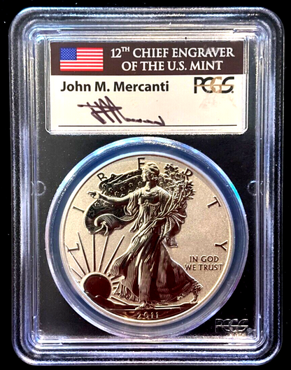 ✅ 2011-P Reverse Proof Silver Eagle PCGS PR70 JOHN MERCANTI Autographed Label $1