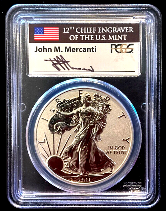 ✅ 2011-P Reverse Proof Silver Eagle PCGS PR70 JOHN MERCANTI Autographed Label $1