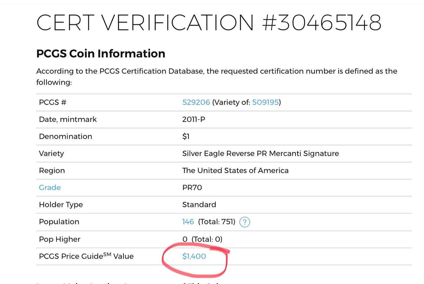 ✅ 2011-P Reverse Proof Silver Eagle PCGS PR70 JOHN MERCANTI Autographed Label $1