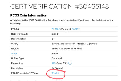 ✅ 2011-P Reverse Proof Silver Eagle PCGS PR70 JOHN MERCANTI Autographed Label $1
