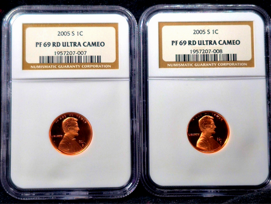 (2) 2005 S Proof Lincoln Cents Sequential #'s NGC Grade PF69 RD Red Ultra Cameo