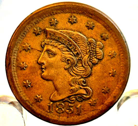 1851 Braided Hair Large Cent Incredible AU+/MS Features Variant N20 Rarity 3