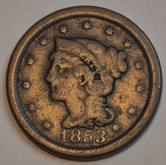 1853 1C BN Braided Hair Cent Variant N28 R3+ GSID 1168 VG+ Features