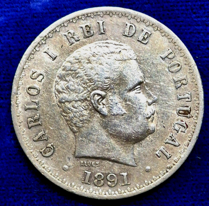 1891 PORTUGAL 500 REIS - XF/AU Features- High Value .835 Silver Crown Coin