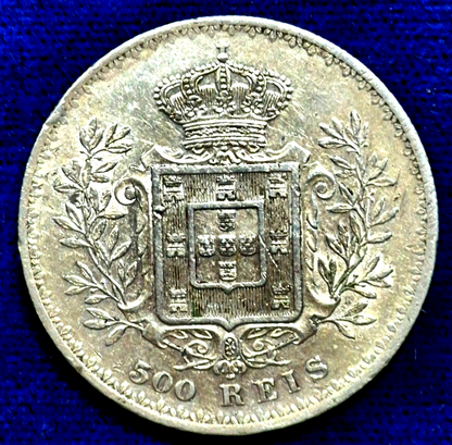 1891 PORTUGAL 500 REIS - XF/AU Features- High Value .835 Silver Crown Coin