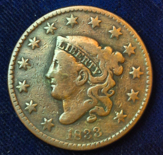 1833 Large Cent, Coronet Head, Scarce, Early Date Copper, N6, Rotated Die Error