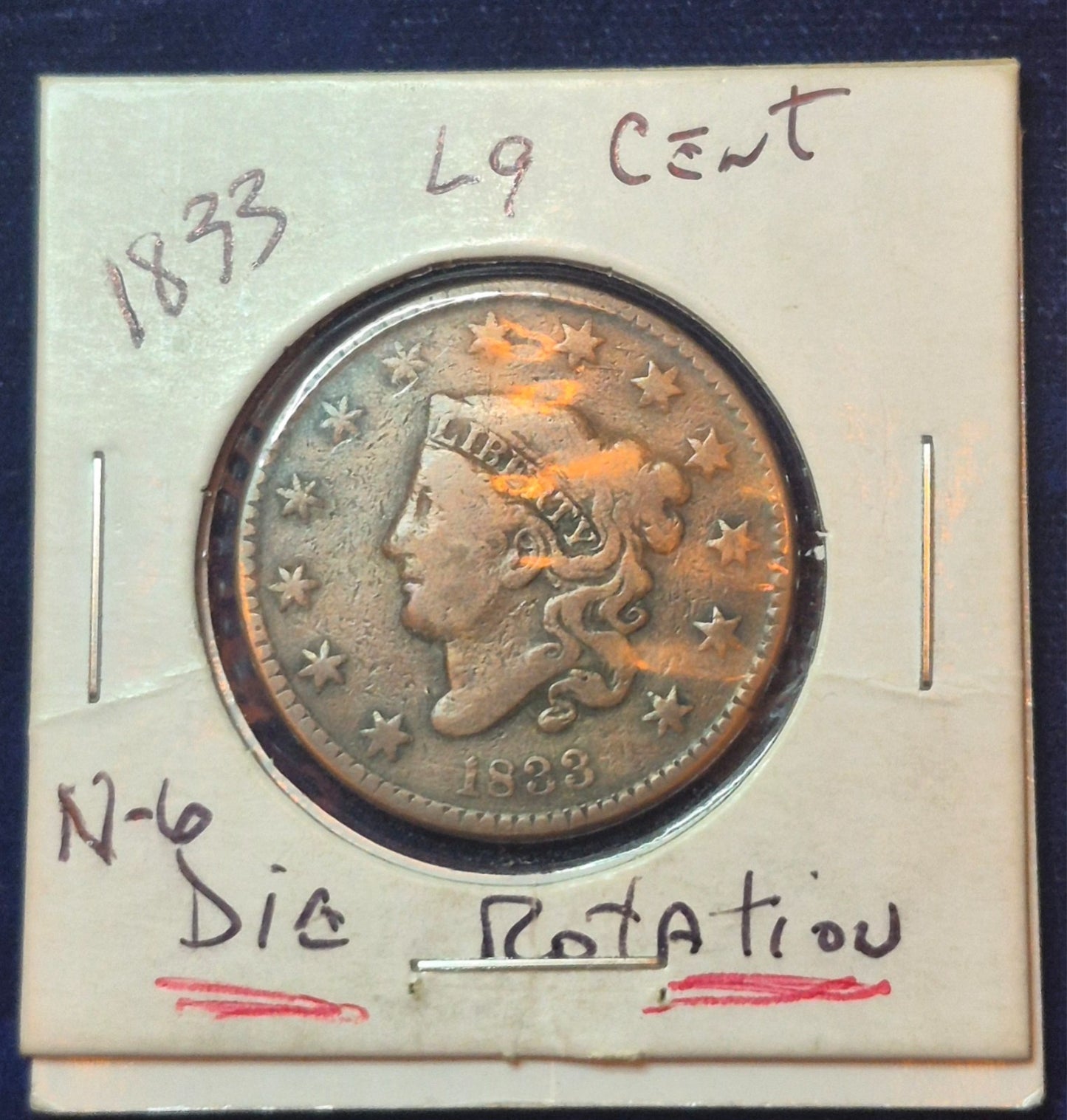 1833 Large Cent, Coronet Head, Scarce, Early Date Copper, N6, Rotated Die Error