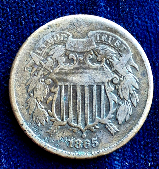 1865 2 Cent Piece Very Fine Features, First Coin With Motto "In God We Trust" 2C
