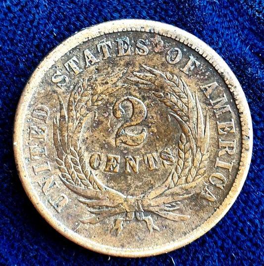 1865 2 Cent Piece Very Fine Features, First Coin With Motto "In God We Trust" 2C