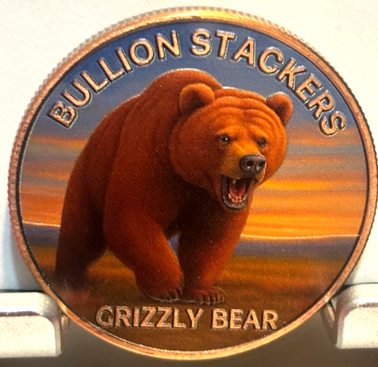 1oz Colorized Copper Round,  Bullion Stackers Grizzly Bear, 1 Coin.