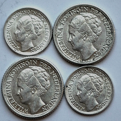 (4) CURACAO 1941-P .640 SILVER COINS (2) 10 CENTS & (2) 25 CENTS AU+ FEATURES