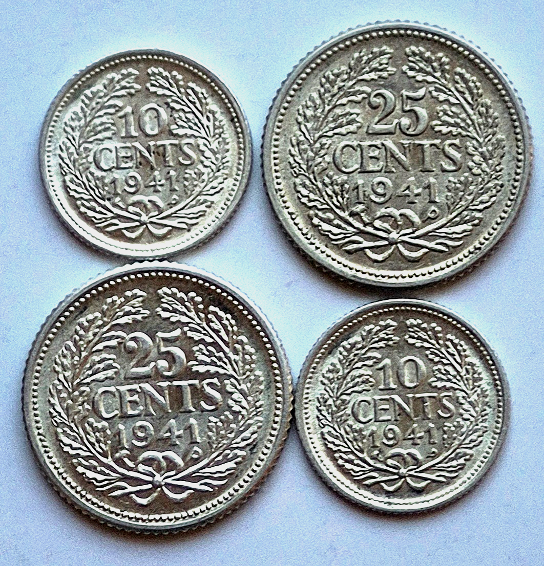 (4) CURACAO 1941-P .640 SILVER COINS (2) 10 CENTS & (2) 25 CENTS AU+ FEATURES