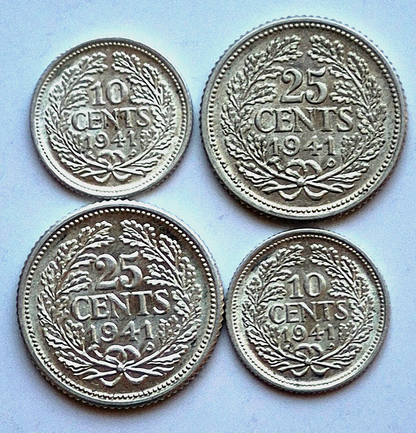 (4) CURACAO 1941-P .640 SILVER COINS (2) 10 CENTS & (2) 25 CENTS AU+ FEATURES