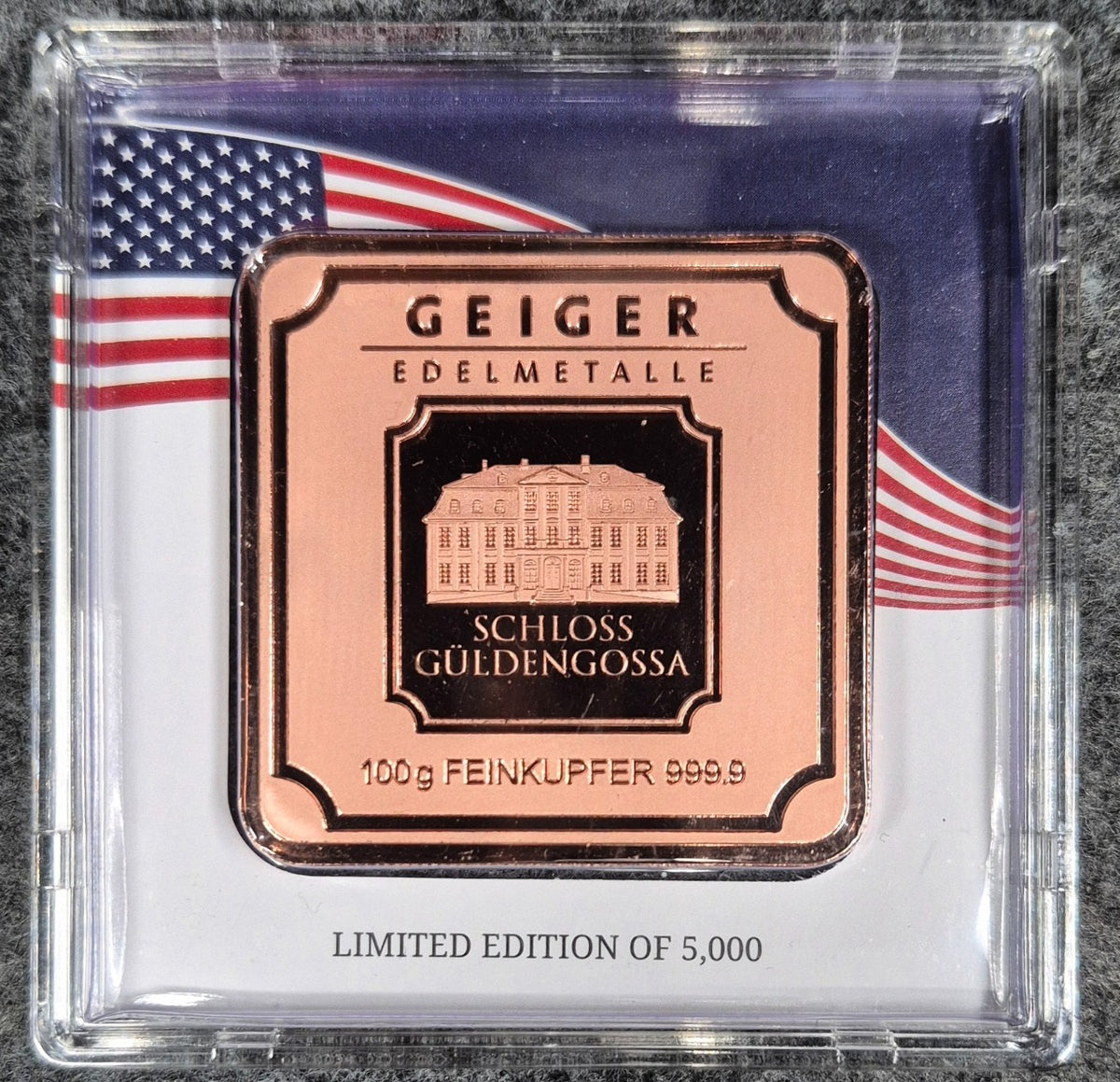 Geiger Edelmatalle Premium 100 Gram 9999 Copper Bar In Mint Assay 5000 Minted