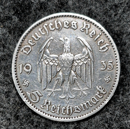 1935-A Germany Historic Third Reich 5 Reichsmark .90 Silver Lettered Edge