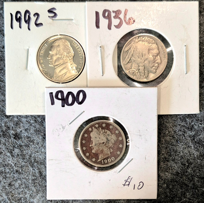 Lot of 3 Nickel Coins 1900 Liberty (F) 1936 Buffalo (F) & 1992S Proof Jefferson