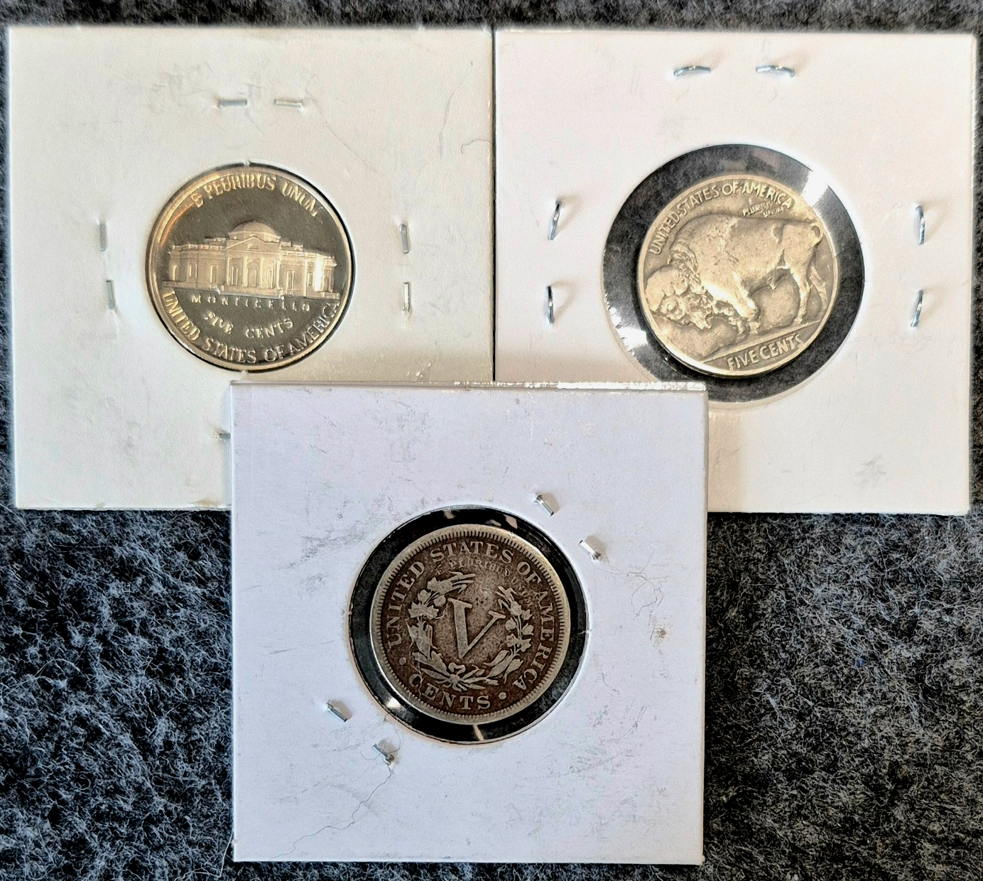 Lot of 3 Nickel Coins 1900 Liberty (F) 1936 Buffalo (F) & 1992S Proof Jefferson