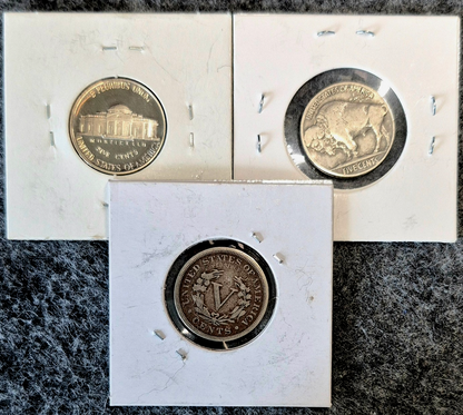 Lot of 3 Nickel Coins 1900 Liberty (F) 1936 Buffalo (F) & 1992S Proof Jefferson