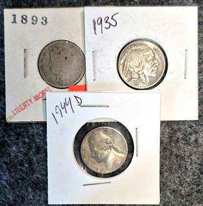 Lot of 3 Nickel Coins 1893 Liberty (AG) 1935 Buffalo (F) & 1944D (VG) 35% Silver
