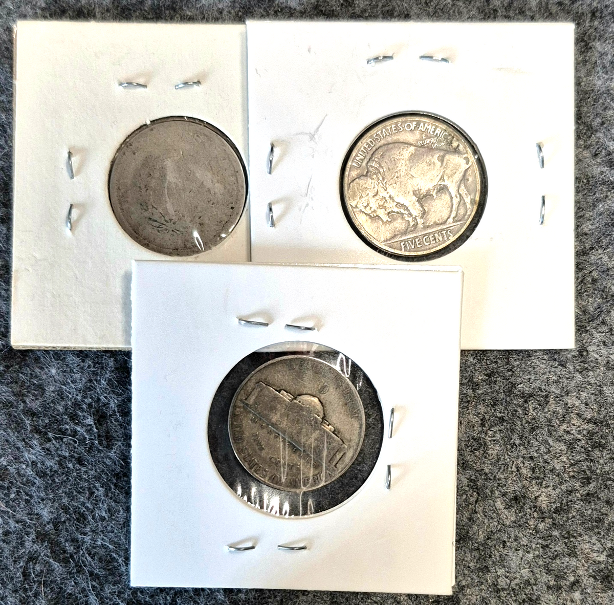 Lot of 3 Nickel Coins 1893 Liberty (AG) 1935 Buffalo (F) & 1944D (VG) 35% Silver