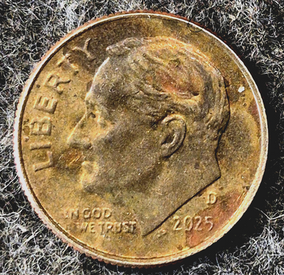 2025 D Roosevelt Dime Errors Strike Through Grease On Reverse & Obverse Toning