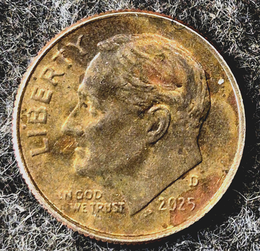 2025 D Roosevelt Dime Errors Strike Through Grease On Reverse & Obverse Toning