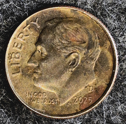 2025 D Roosevelt Dime Errors Strike Through Grease On Reverse & Obverse Toning