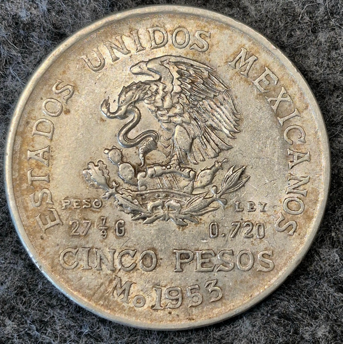 1953 Mexican Hidalgo 5-Pesos Coin, Mexico Coin, 72% Silver, Eagle & Snake Plata