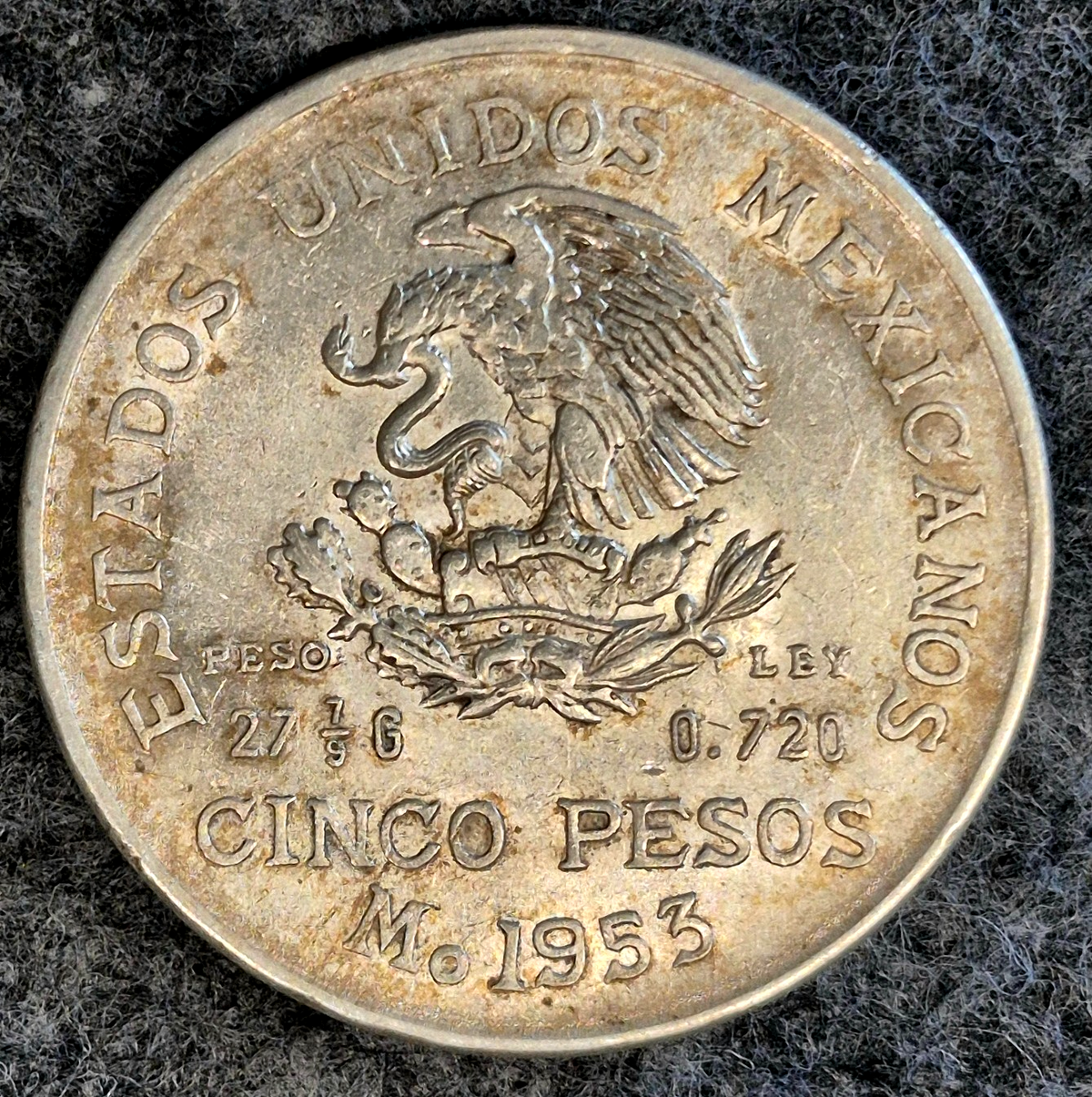 1953 Mexican Hidalgo 5-Pesos Coin, Mexico Coin, 72% Silver, Eagle & Snake Plata