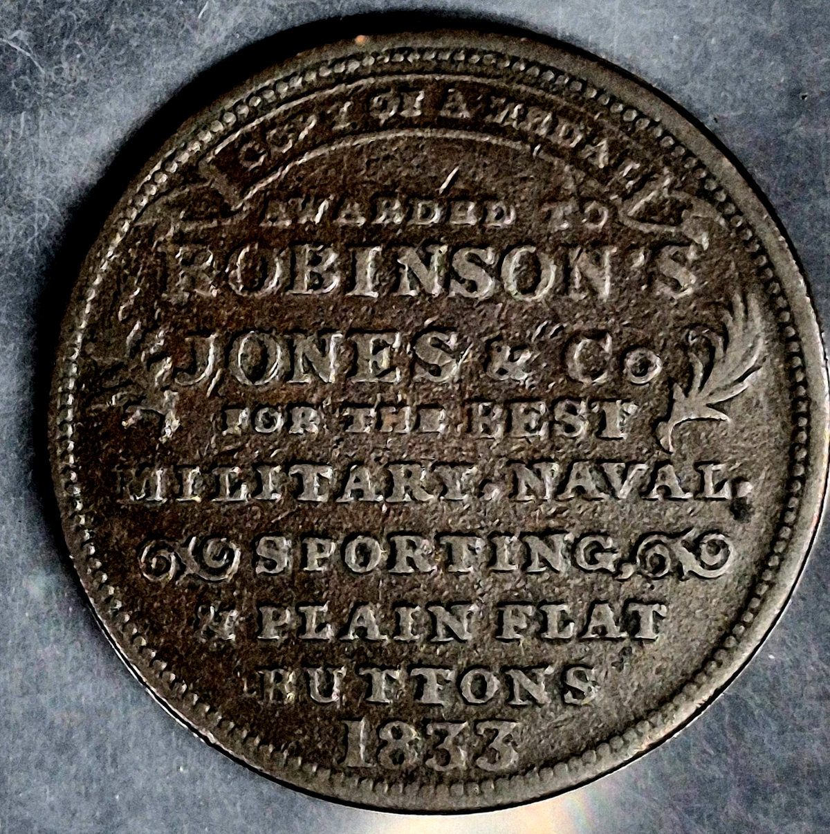 1833 "Robinson's, Jones & Co." Copper Hard Times Token XF+ (HT153/W-MA-020-15a)