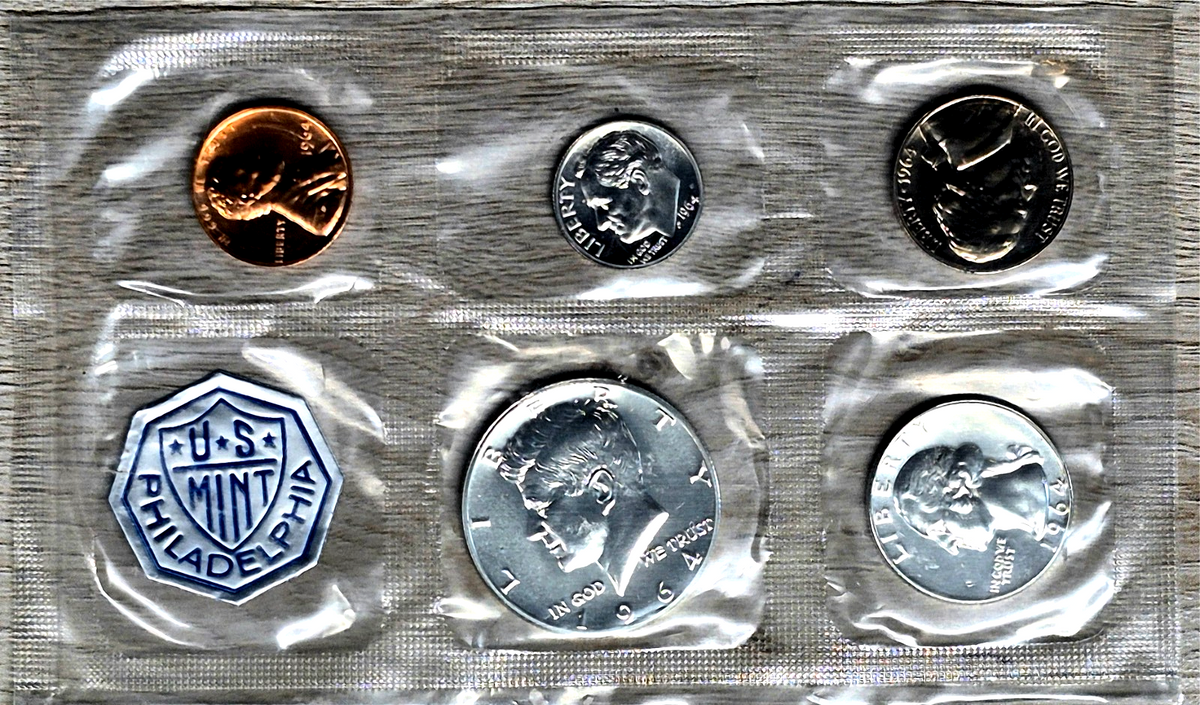 1964 US Mint Proof Set 5 Coins 90% Silver Original Cello Flat Pack