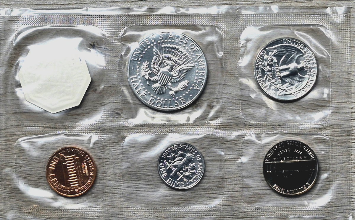 1964 US Mint Proof Set 5 Coins 90% Silver Original Cello Flat Pack