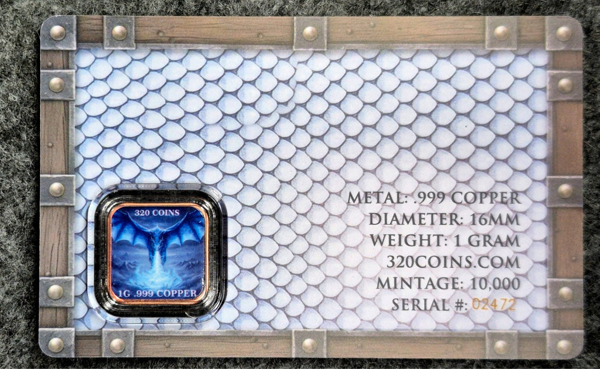 320 Coins 1 Gram .999 Copper Blue Fire Dragon Square Coin Collector Card #02472