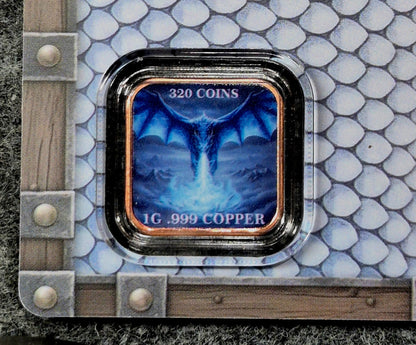 320 Coins 1 Gram .999 Copper Blue Fire Dragon Square Coin Collector Card #02472
