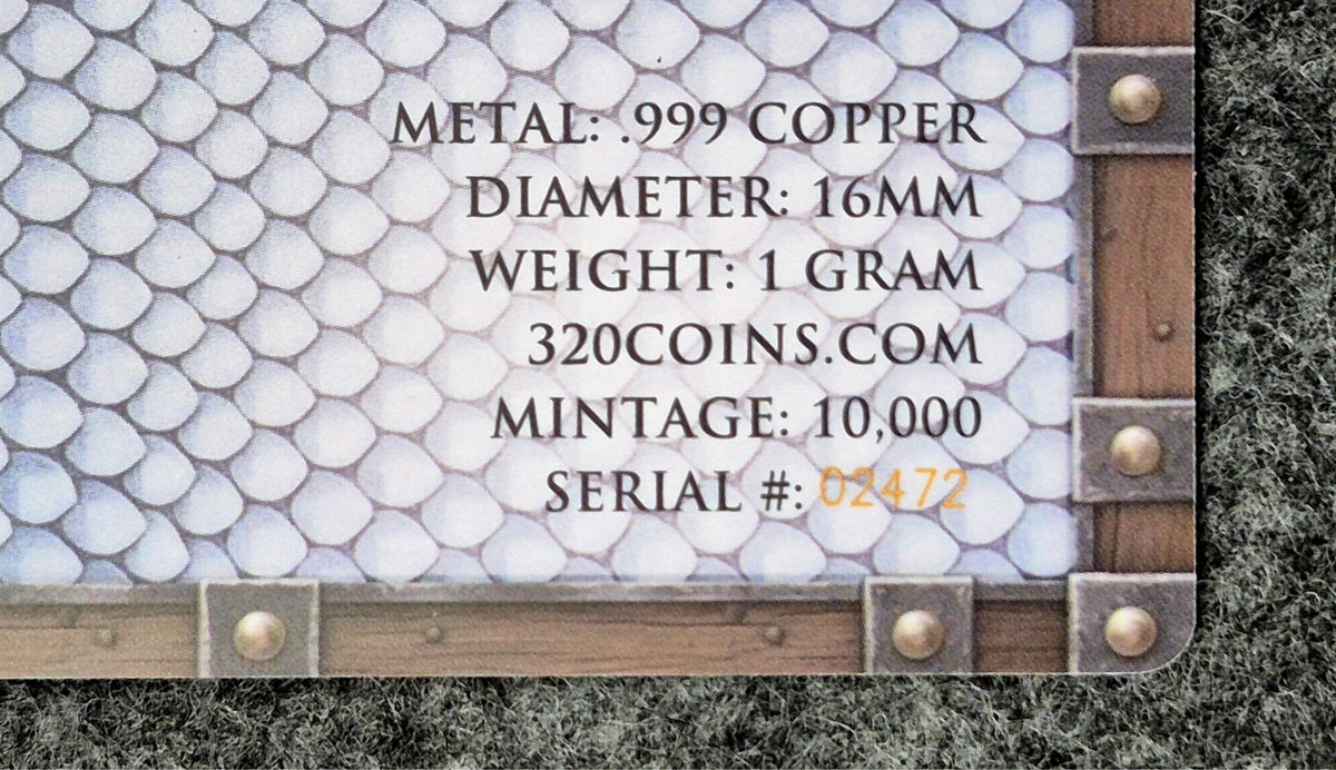 320 Coins 1 Gram .999 Copper Blue Fire Dragon Square Coin Collector Card #02472