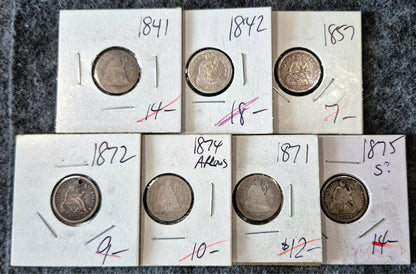 Lot of 7 Seated Liberty Dimes 1841, 42, 57, 71, 72, 74, 75, 35 yrs/4 Types AG-F