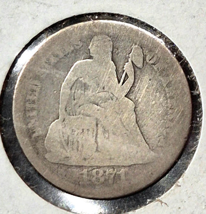 Lot of 7 Seated Liberty Dimes 1841, 42, 57, 71, 72, 74, 75, 35 yrs/4 Types AG-F