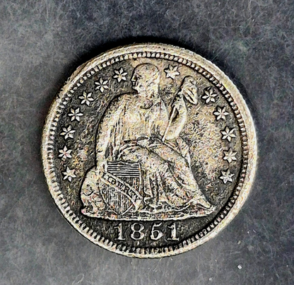Seated Liberty Dime 1851 10c Very Fine Features, 90% Silver Coin Shown