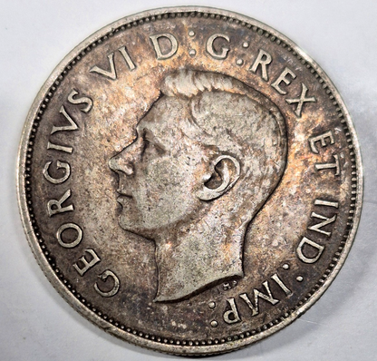 1941 Canada Fifty Cents Toned AU+ Features King George VI 80% Silver 50C KM#36